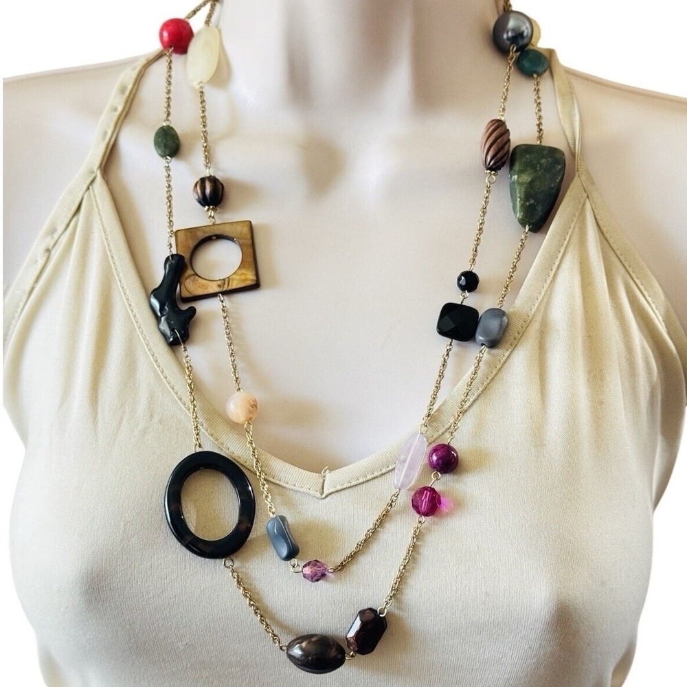 Necklace Natural Agate‎ Onyx Jade MOP Quartz Beaded Long Opera Flapper VTG 54"